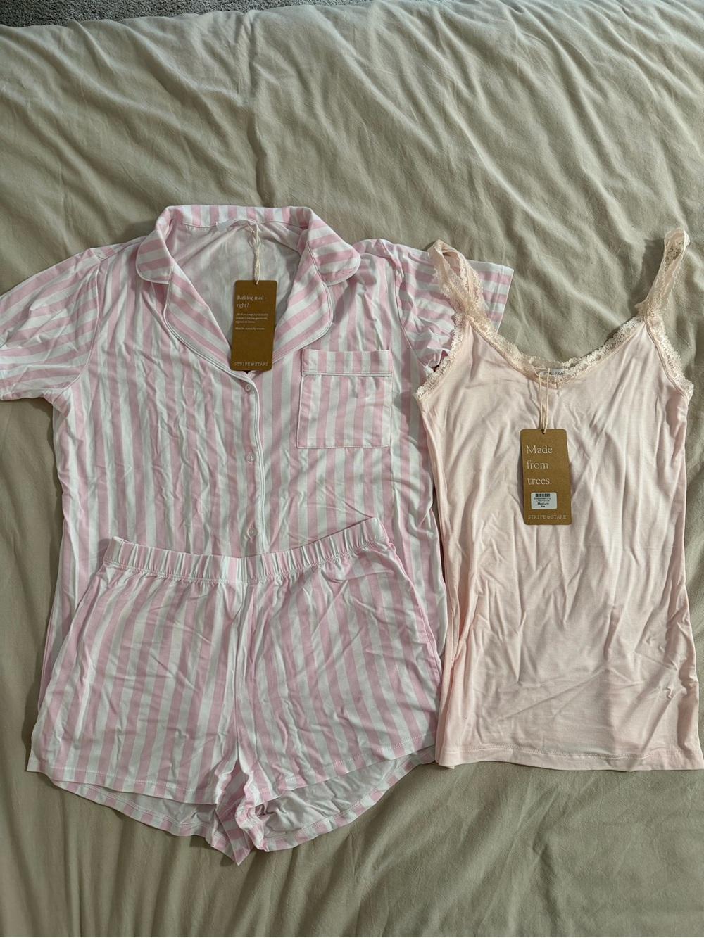 Stripe & Stare Pink Pajama Set with Blush Lace Cami. Great Bridal Gift!